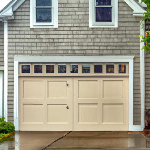 Coastal Scituate home with a closed modern paneled garage door and shingled siding, overcast morning light.