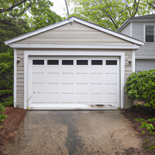 Suburban Scituate garage door on a Cape Cod style house with visible tracks and weather seal, overcast day.