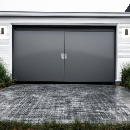 Modern charcoal aluminum and frosted-glass garage door on a New England home with white clapboard siding in Scituate, MA.