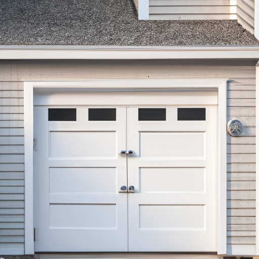 Residential garage door on a coastal New England home in Scituate, MA, showing weathered fixtures and clapboard siding.