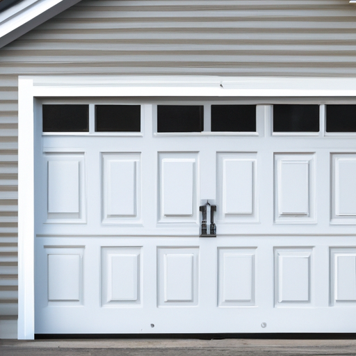 Newly installed residential garage door on a clapboard coastal home in Scituate, MA, showing panels and hardware.