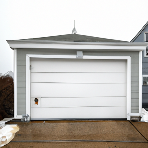 Coastal Scituate home with a closed steel garage door and visible bottom seal in light snow, overcast sky.