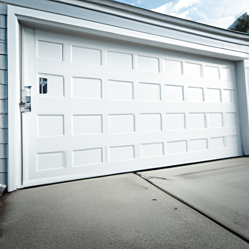 Modern sectional garage door with smart keypad on a suburban Scituate, MA home, no people.