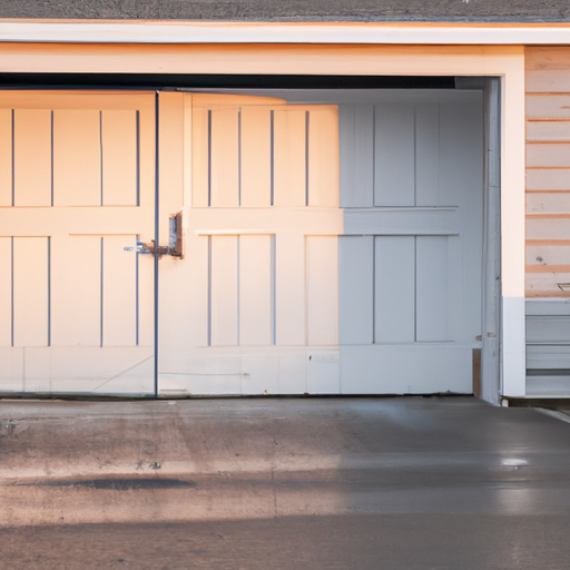 Scituate, MA suburban garage with a partially open raised-panel white door at golden-hour light.