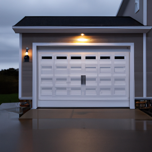 Coastal Scituate home with a modern garage door, visible smart sensors and keypad at dusk.