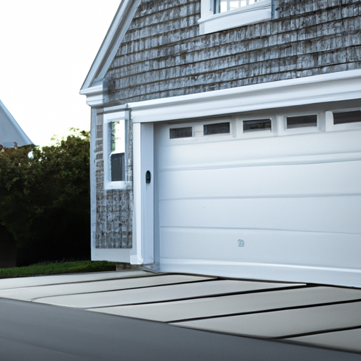 Suburban Scituate, MA home with a closed garage door, visible panels, tracks, and weather seal