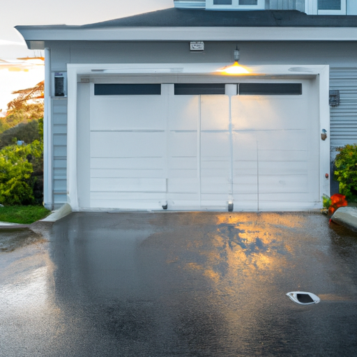 Sectional garage door on a Scituate, MA house at golden hour with opener rails visible; wet pavement and coastal vegetation in view.
