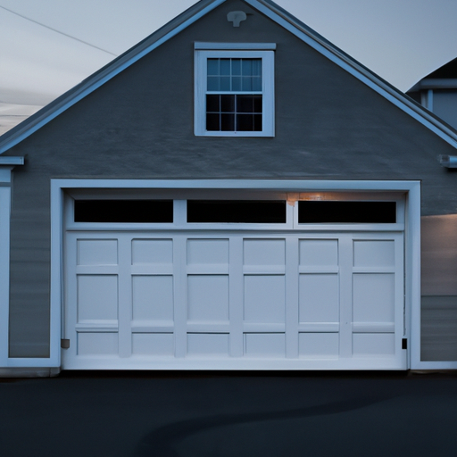 Coastal Scituate home with an insulated sectional garage door and new bottom seal, wet driveway and shingled facade, dusk light.