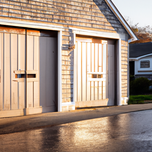 Scituate coastal home with a two-car garage door and visible hardware showing coastal wear and maintenance needs.