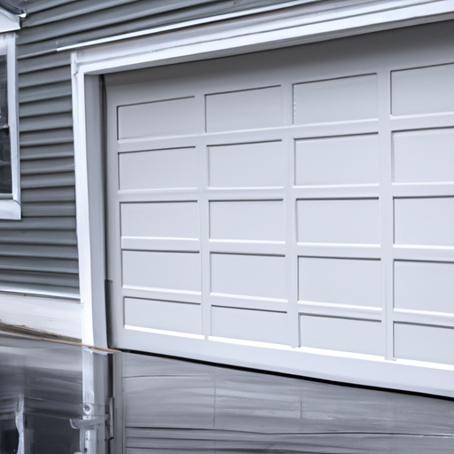 Exterior view of a residential garage door in Scituate, MA showing bottom seal and weatherstripping on an overcast day.