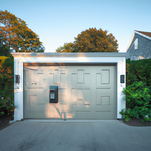 Scituate suburban home with a visible garage door and mounted smart access keypad in coastal light.