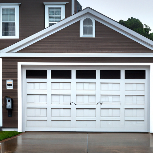 Exterior view of a coastal Scituate home with a visible garage door installation under an overcast sky.