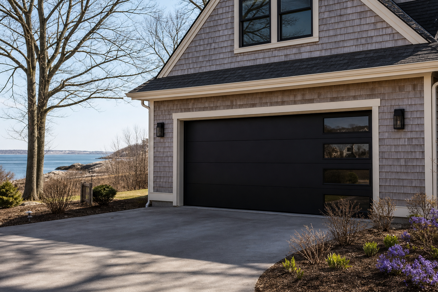 Scituate home garage with a modern smart door in seasonal weather
